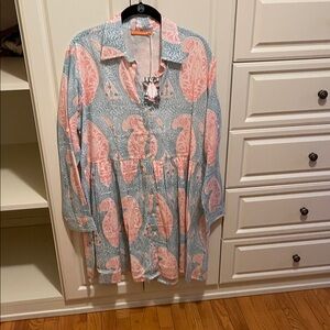 Oliphant Coral and Teal Paisley Shirt Dress. NWT. Size XL. Never worn